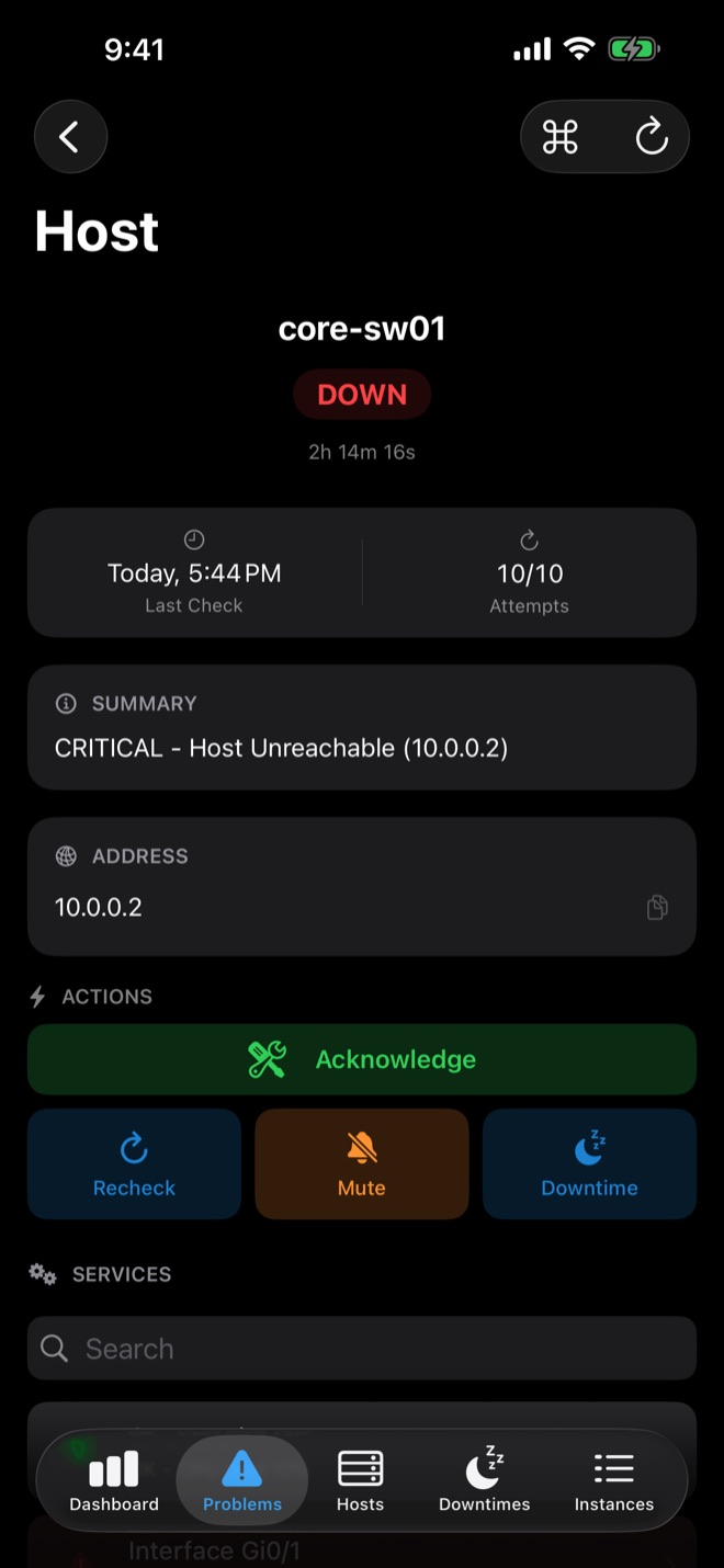 Host detail with status, output and actions