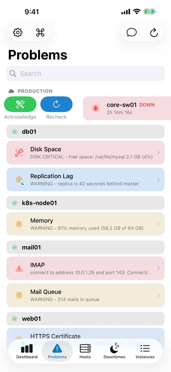 Problems list with swipe actions to acknowledge or recheck a service